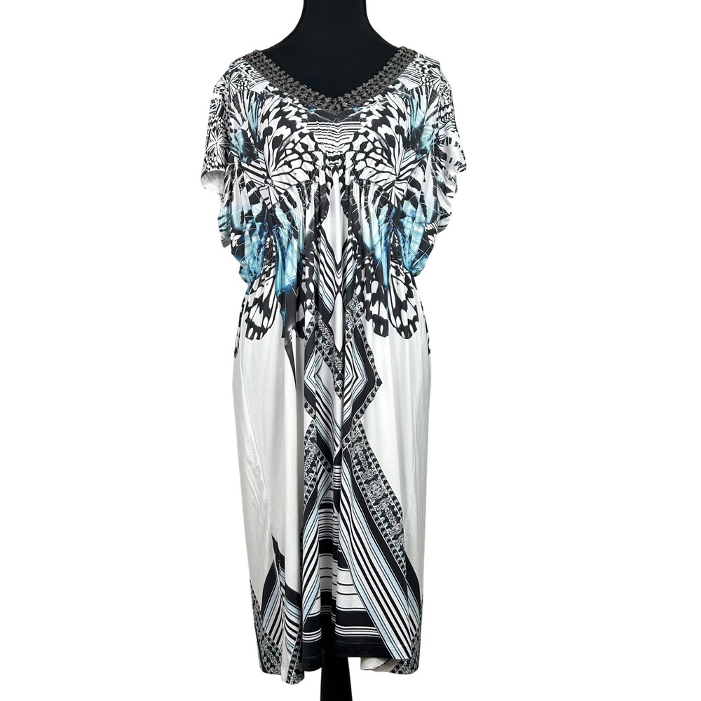 Y2K Beaded Ethereal Butterfly Dress XL White/Blue Stretchy Angelic Boho Midi
